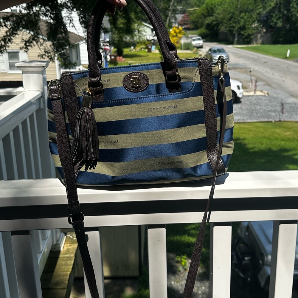 Tommy Hilfiger Navy and Olive Striped Satchel